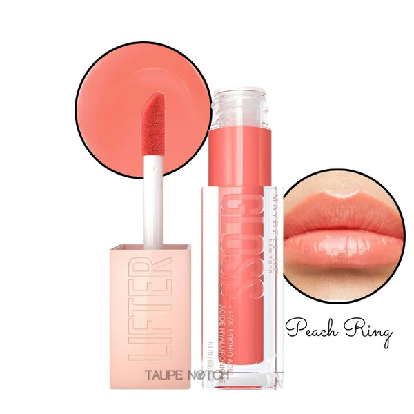 Lip gloss in Peach Ring shade, clear tube with coral-pink tint and doe-foot applicator; glossy lips close-up.