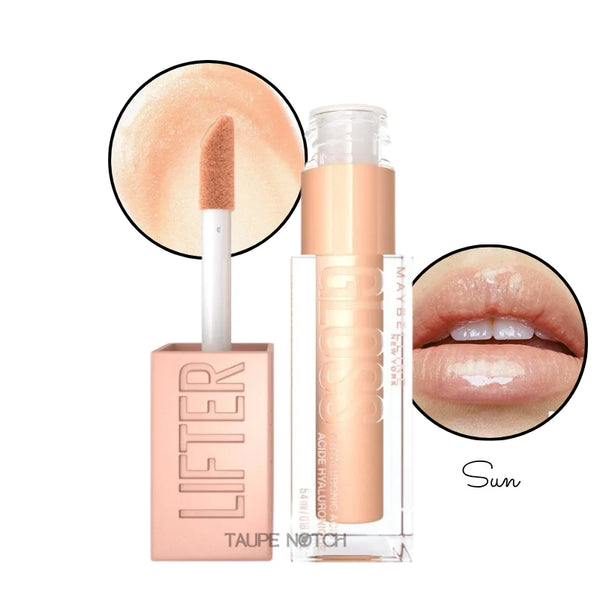 Lip gloss in Sun shade, clear tube with nude-peach tint and doe-foot applicator; glossy lips close-up.