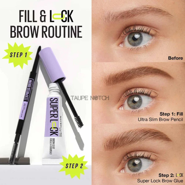 Maybelline New York Superlock Brow Glue styled on eyebrows on a model, with wand