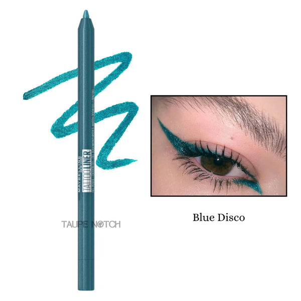 Longwear waterproof gel eyeliner pencil in Blue Disco; teal-blue pencil and bold swatch.