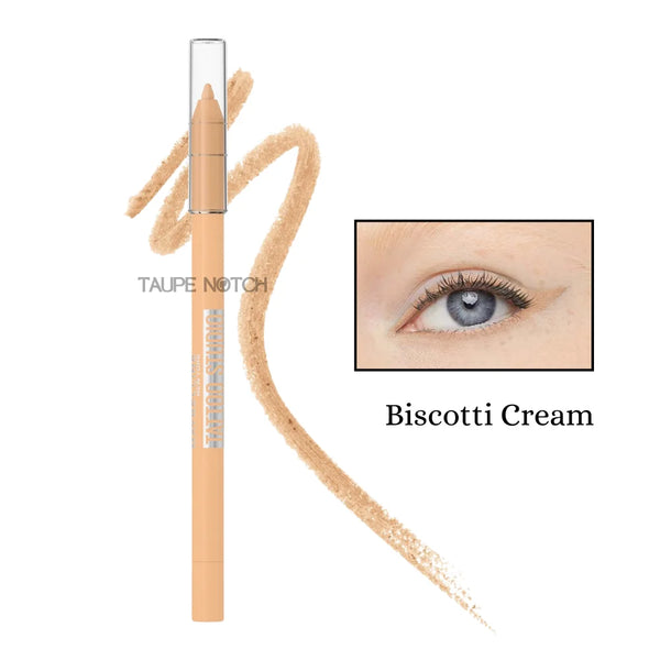 Longwear waterproof gel eyeliner pencil in Biscotti Cream; beige-cream pencil and cream swatch.