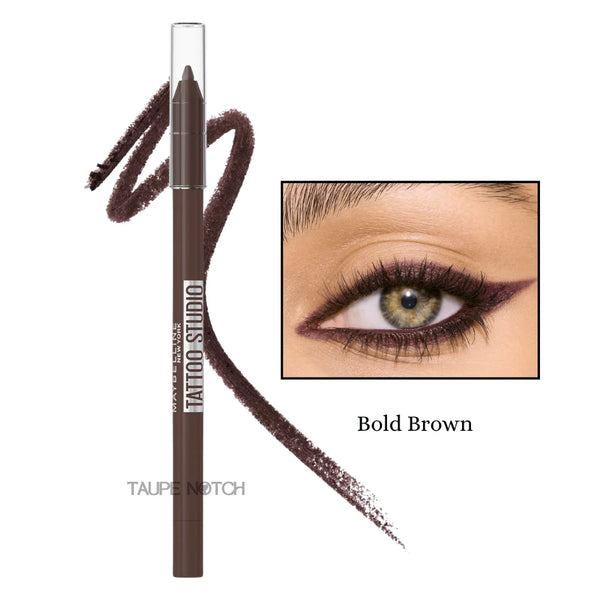 Longwear waterproof gel eyeliner pencil in Bold Brown; dark brown pencil with brown swatch.