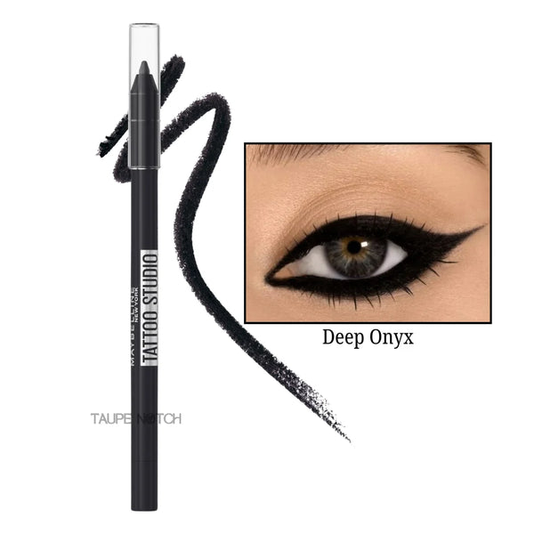 Longwear waterproof gel eyeliner pencil in Deep Onyx; black pencil and eyeliner swatch.