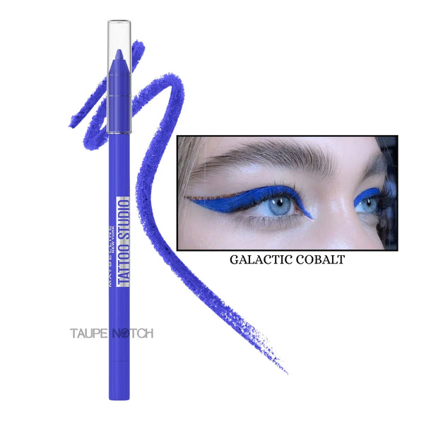 Longwear waterproof gel eyeliner pencil in Galactic Cobalt; bright blue pencil and blue swatch.