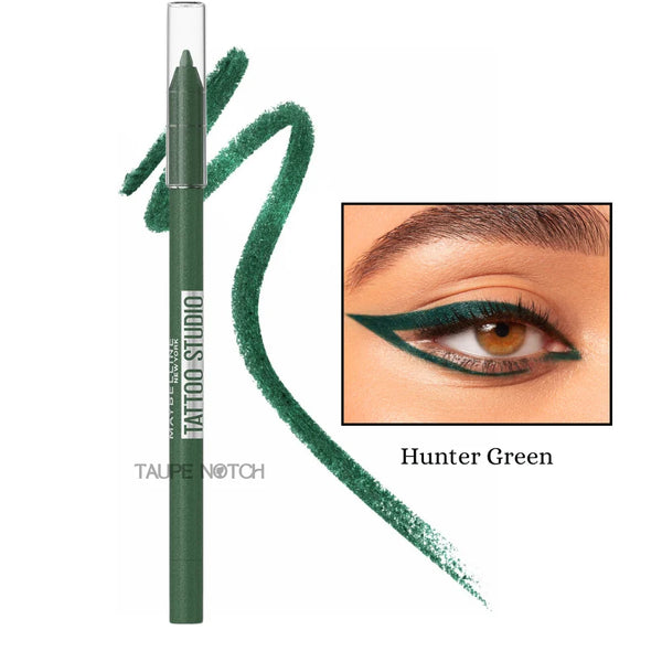 Longwear waterproof gel eyeliner pencil in Hunter Green; dark green pencil and green swatch.