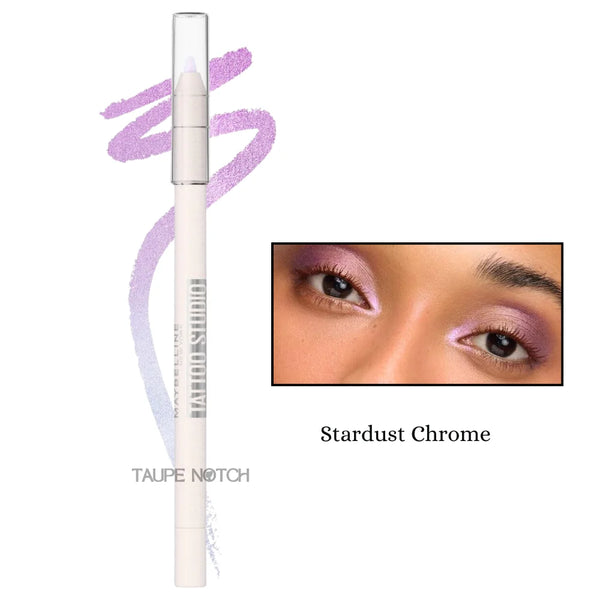 Longwear waterproof gel eyeliner pencil in Stardust Chrome; lavender pencil with lilac swatch.