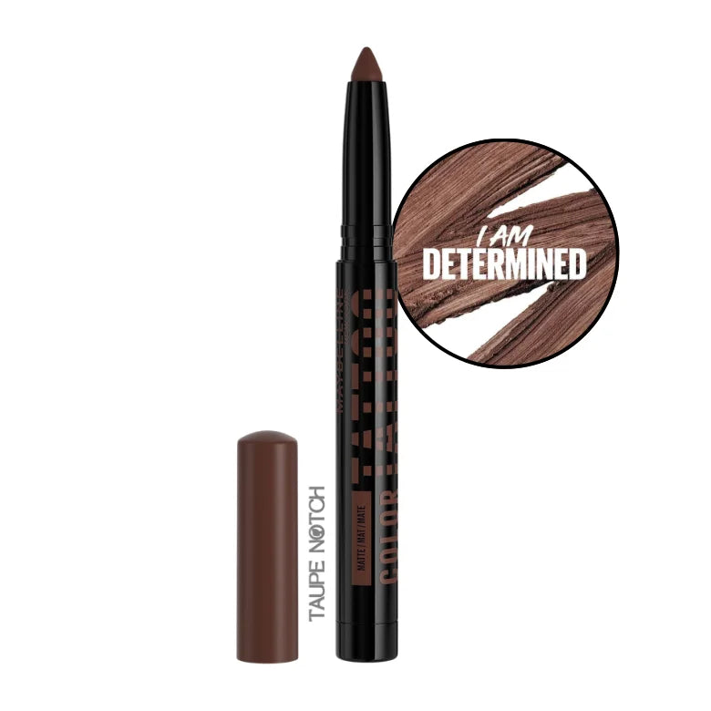 Maybelline Color Tattoo eyeshadow stick in deep brown, with matching capped tip.