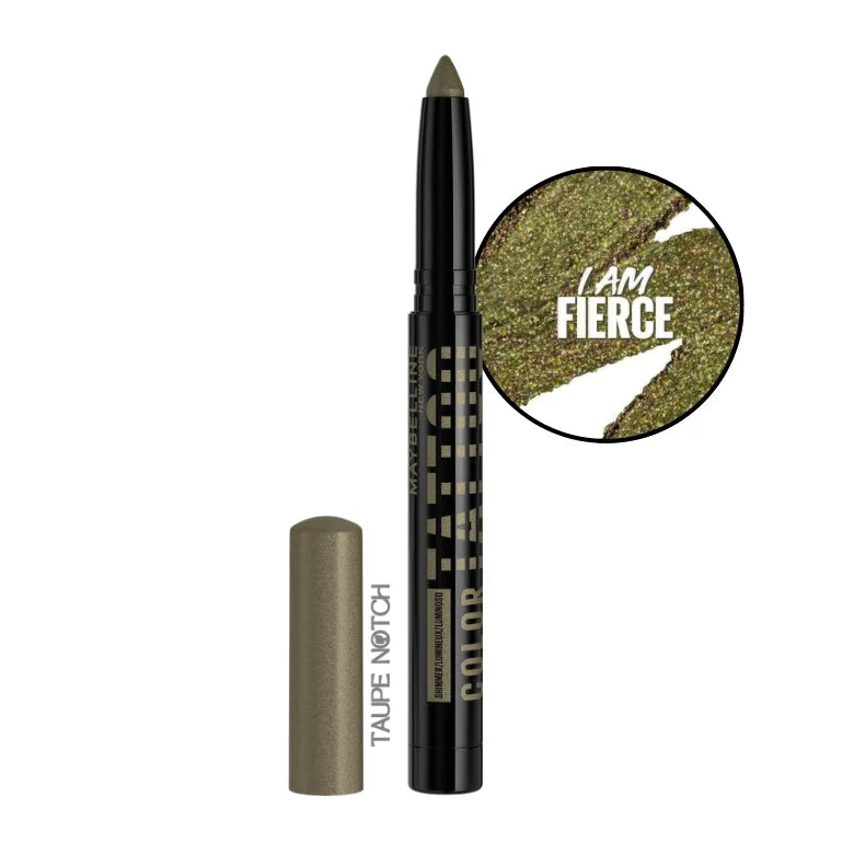 Maybelline Color Tattoo eyeshadow stick in olive-gold shimmer, with matching capped tip.