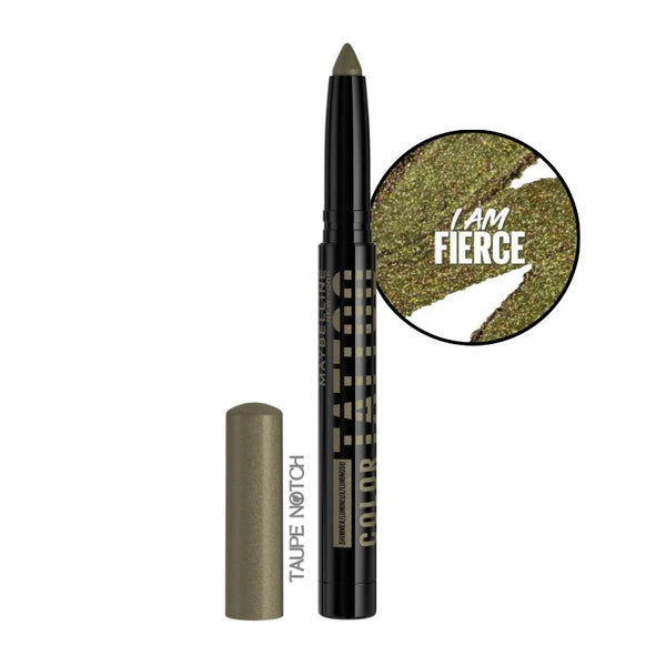 Maybelline Color Tattoo eyeshadow stick in olive-gold shimmer, with matching capped tip.
