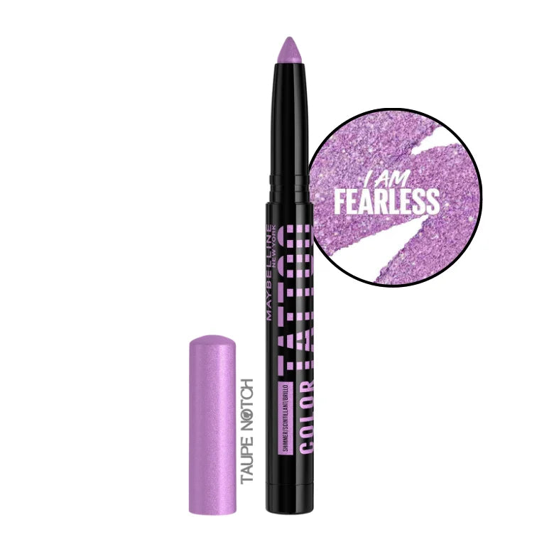 Maybelline Color Tattoo eyeshadow stick in lilac-purple shimmer, with matching capped tip.