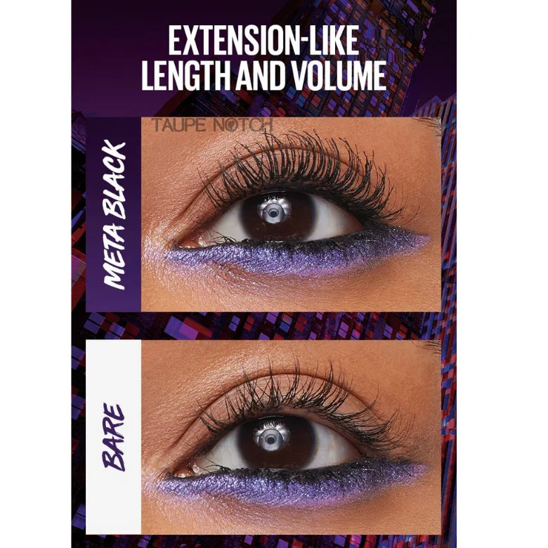 Eye close-up with long voluminous black lashes coated with extension mascara