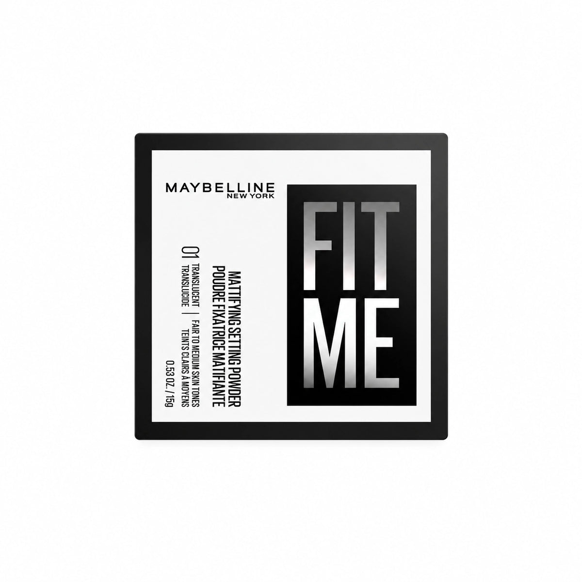 Maybelline loose finishing powder, white and black box packaging