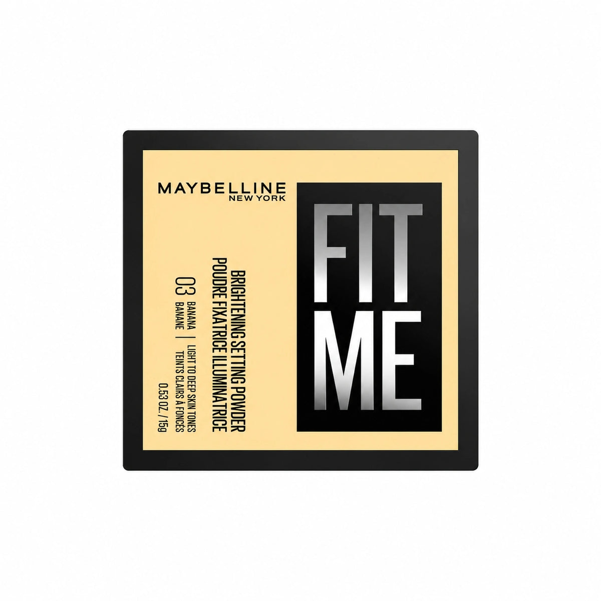 Maybelline loose finishing powder, black and beige box packaging