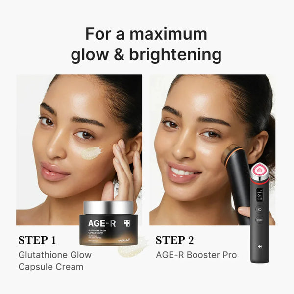 Glutathione capsule cream applied on face, shown with product jar and device