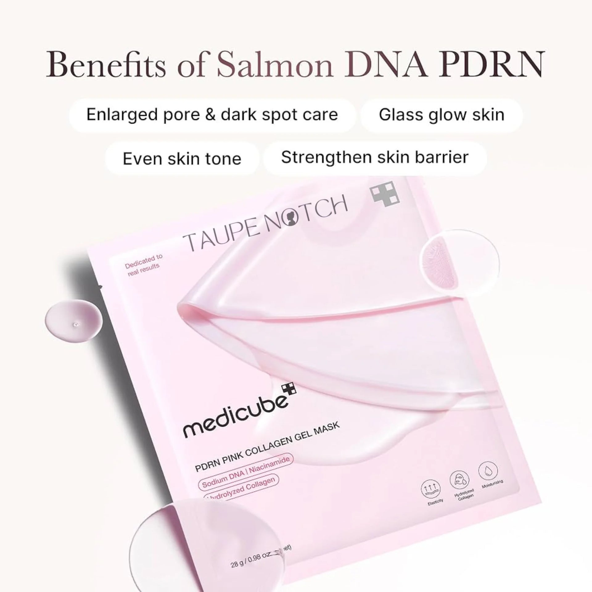 Pink collagen gel mask package with folded mask sheet and single sachet