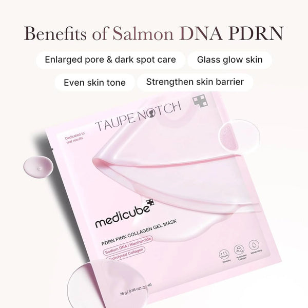 Pink collagen gel mask package with folded mask sheet and single sachet