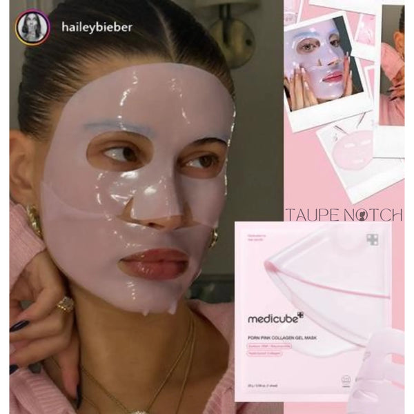 Pink face sheet mask with clear gel applied, smoothing facial skin