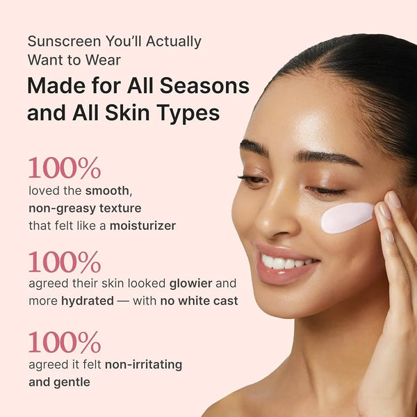 Glow sunscreen applied with smooth white cream on cheek