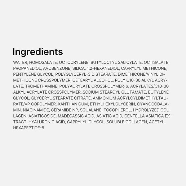 Sunscreen ingredients label for Collagen Glow Sun Cream, 50 ml