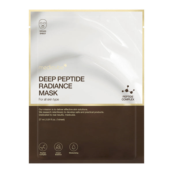 Medicube Deep Peptide Radiance Mask sheet packaging, featuring a white and dark brown design with gold borders and text detailing the mask's features.