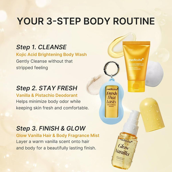 3-step travel body routine with cleansing body wash, deodorant stick, and glow vanilla hair mist