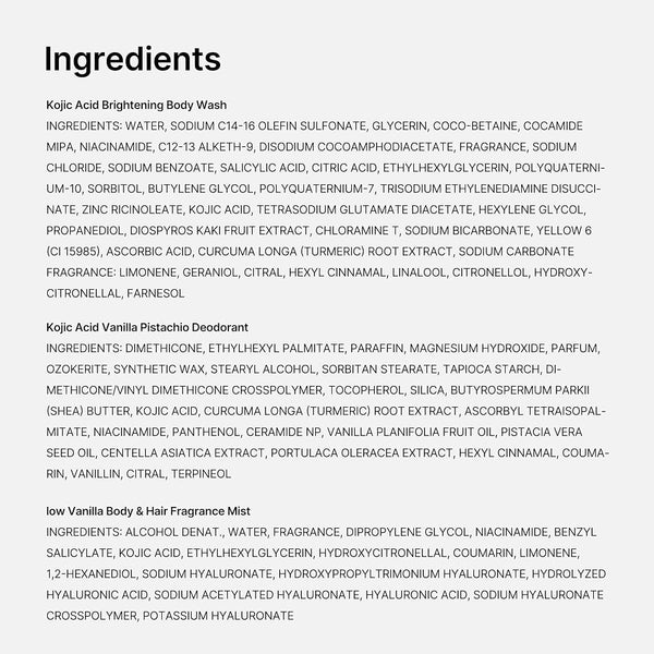 Travel-ready body kit ingredients list for brightening body wash, deodorant, and hair mist