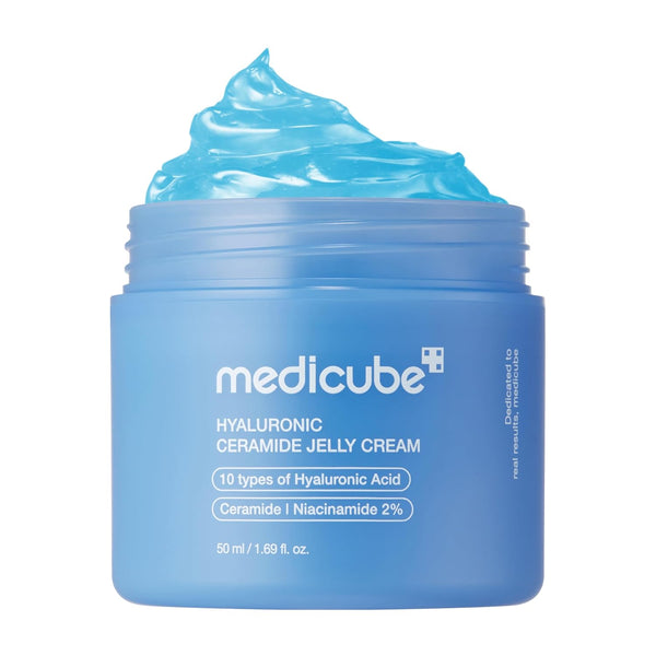 Medicube+ hyaluronic ceramide jelly cream jar, 50 ml, blue cap and blue gel