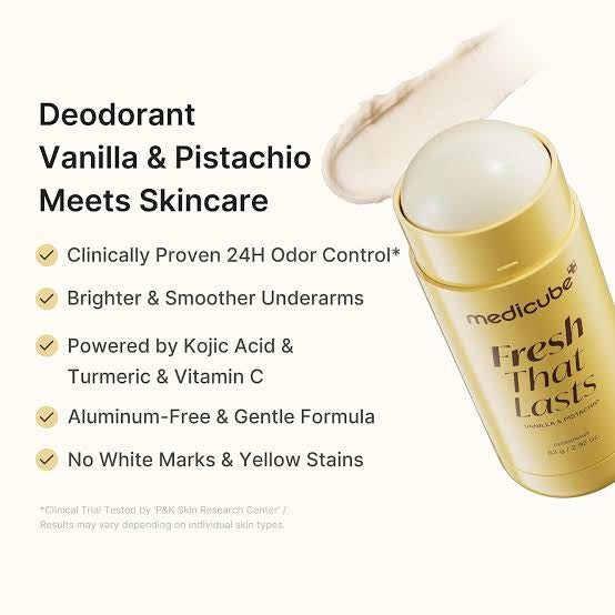 Medicube Fresh That Lasts deodorant stick in a gold container with a white stick, shown on a light cream background with marketing text about vanilla and pistachio scent and skincare benefits.