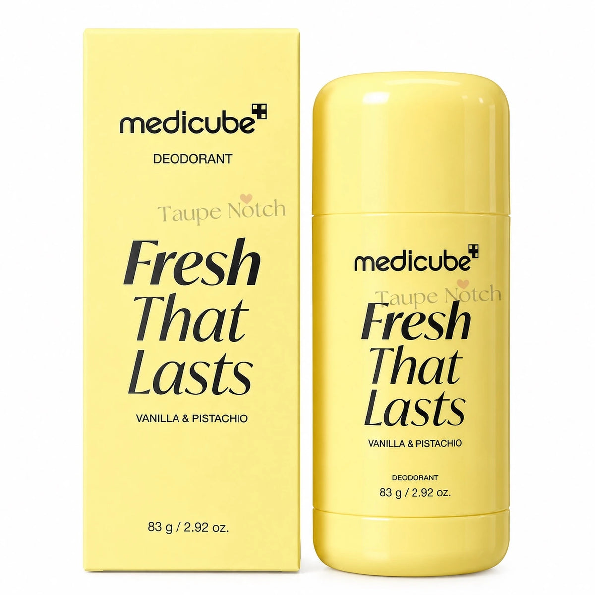 Medicube Fresh That Lasts deodorant in box and container, vanilla & pistachio scent