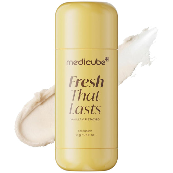 Yellow deodorant bottle with 'medicube' branding on a white background