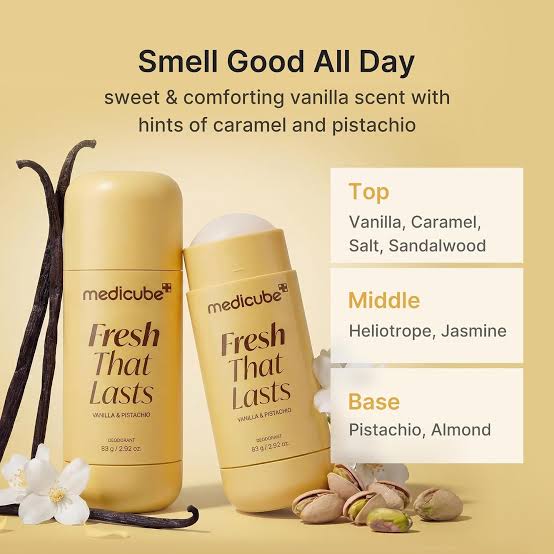 Two medicube 'Fresh That Lasts' products with vanilla beans and flowers on a beige background.