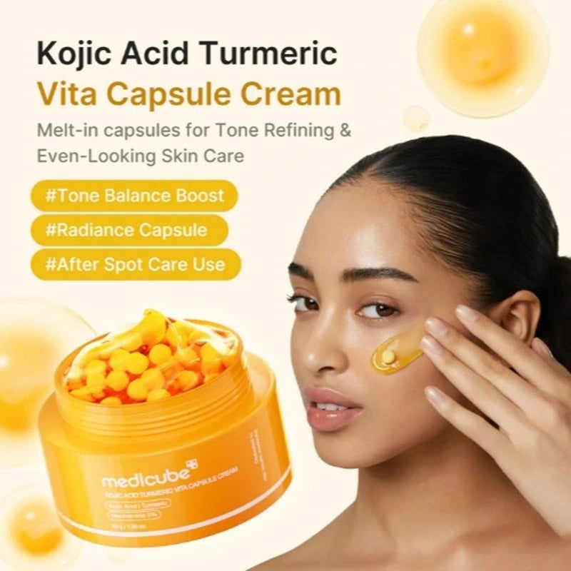 Orange Medicube capsule cream jar with yellow skincare serum on face