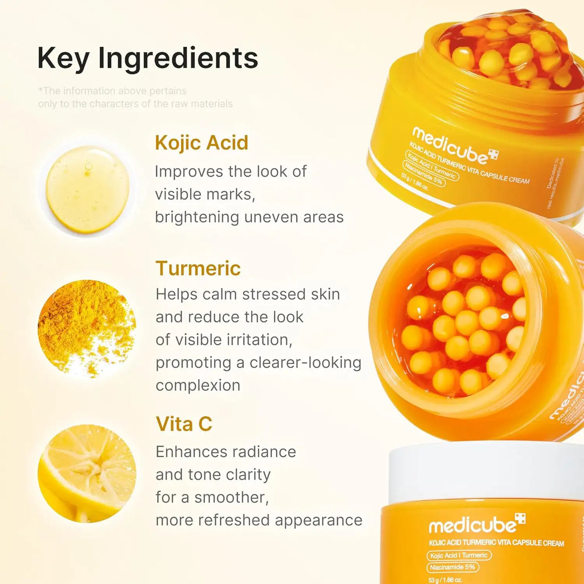 Orange Medicube capsule cream jar with yellow capsules and cream swatch
