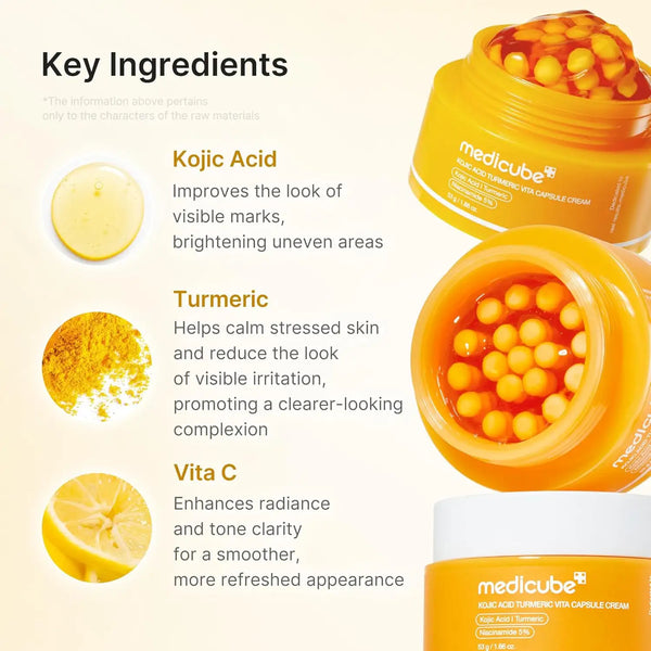 Orange Medicube capsule cream jar with yellow capsules and cream swatch
