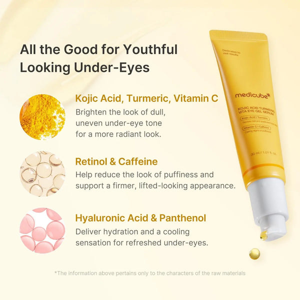 Yellow under-eye gel serum tube with ingredient icons and under-eye focus