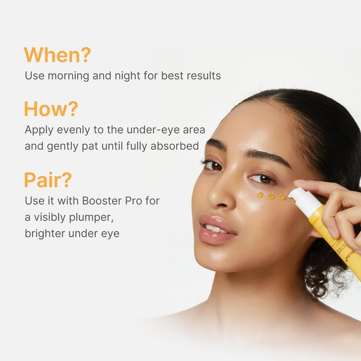 A girl showing how to use an when to use Medicube Kojic Acid Turmeric Vita Eye Gel Serum