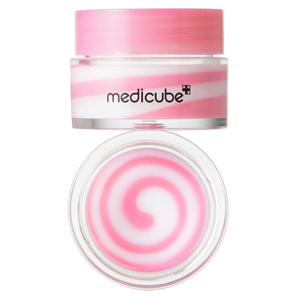 Clear jar and pink lid of lip sleeping mask with pink swirl