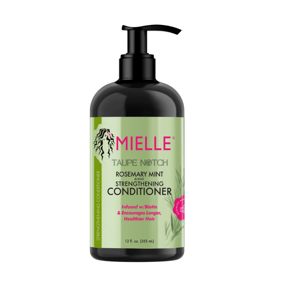 Mielle conditioner bottle with pump, black bottle with green label, Rosemary Mint strength (355 ml)