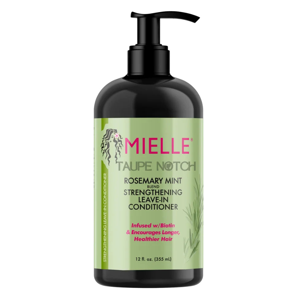 Mielle rosemary mint leave-in conditioner bottle with pump, 355 ml, black and green label