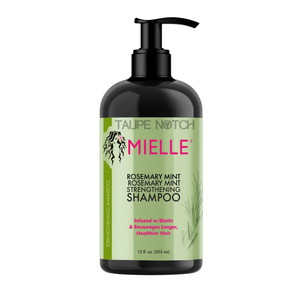 Mielle rosemary mint strengthening shampoo bottle, black pump, green label, 355 ml