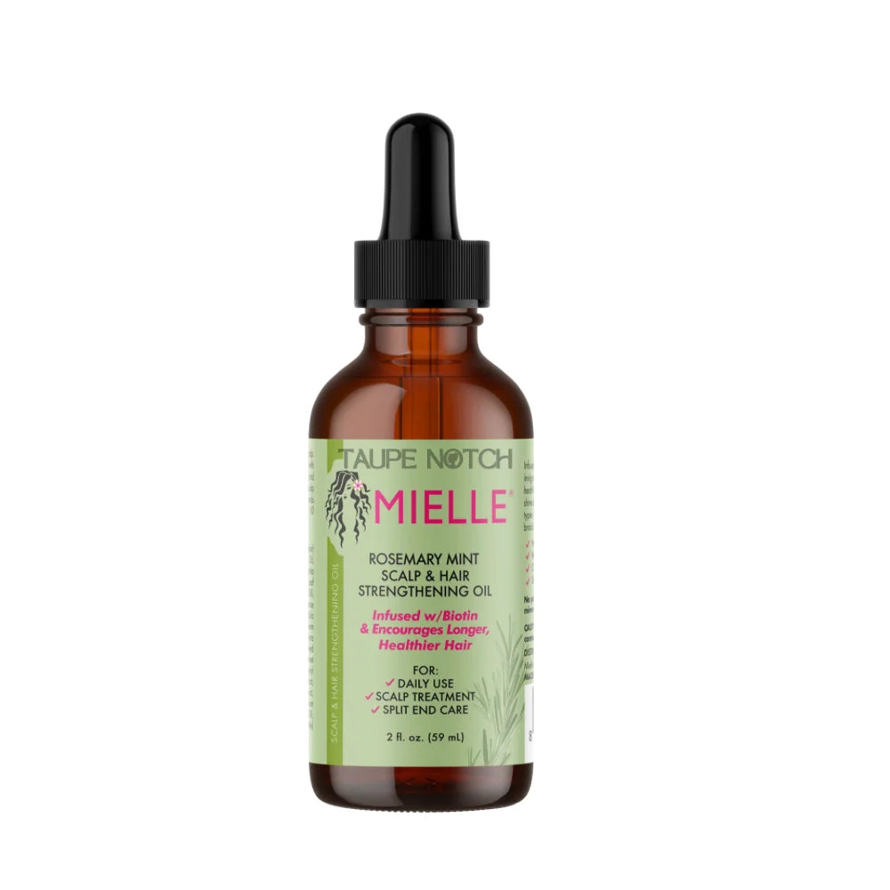 Mielle rosemary mint scalp oil in amber bottle with black dropper, 59 ml