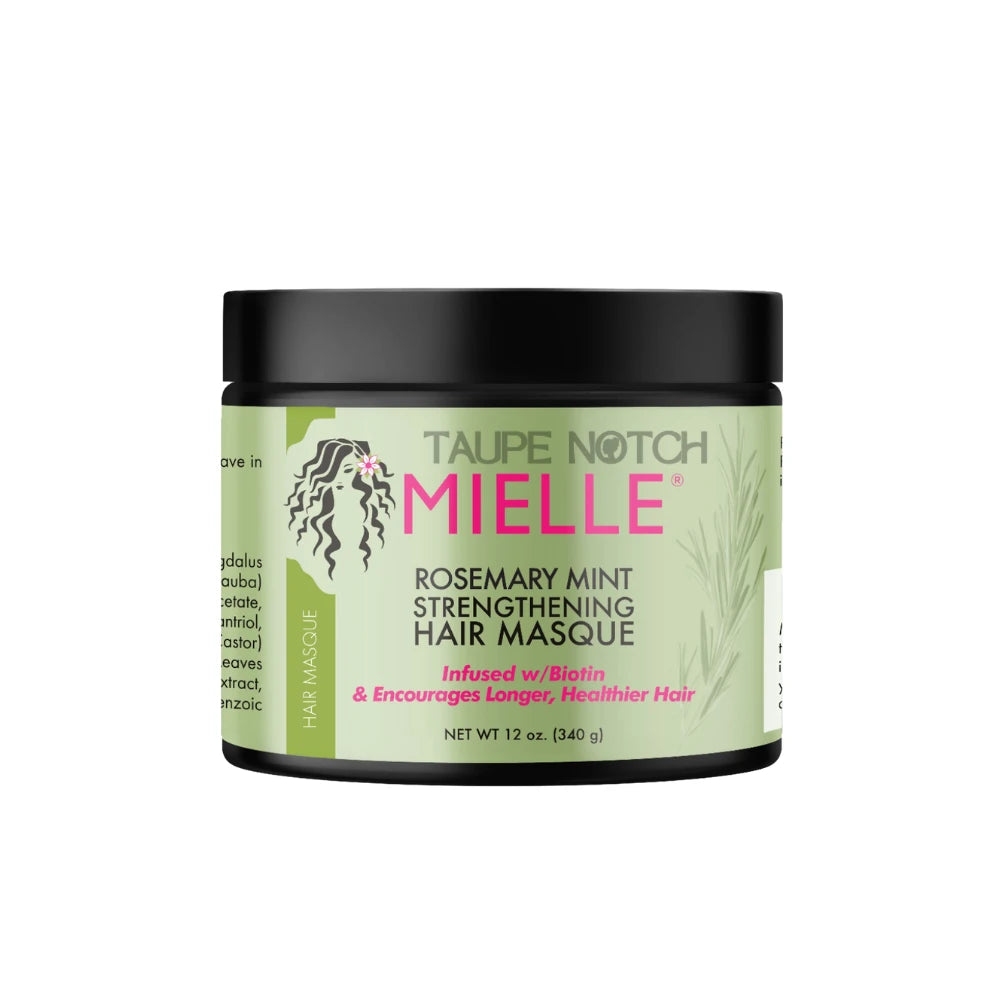 Hair masque jar: Mielle Rosemary Mint Strengthening, black lid, light green label.