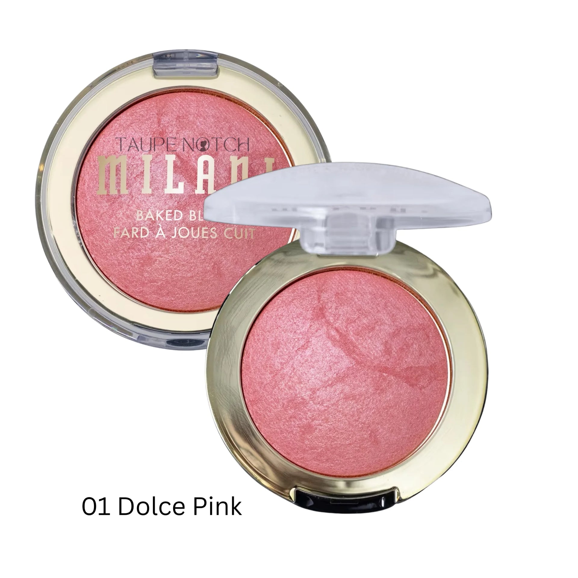 Milani Baked Blush compact, shade 01 Dolce Pink, rose-pink pressed powder