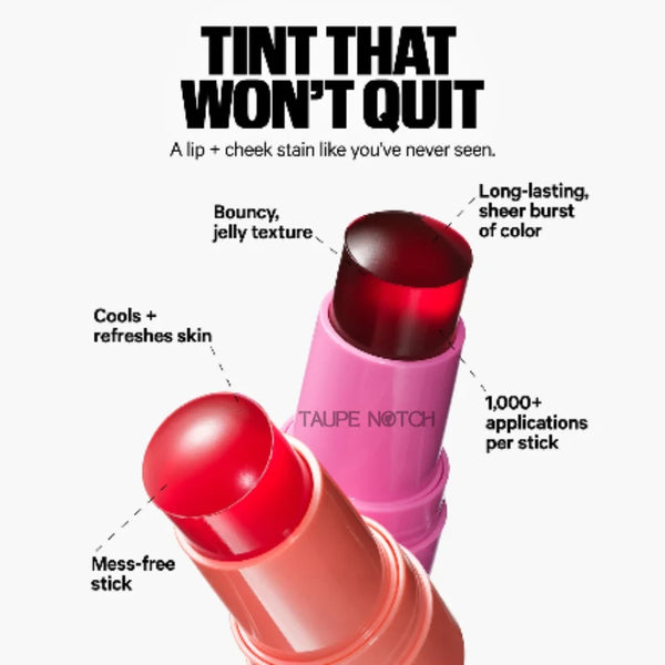 Cooling water jelly tint sticks in pink and coral, glossy cap tops