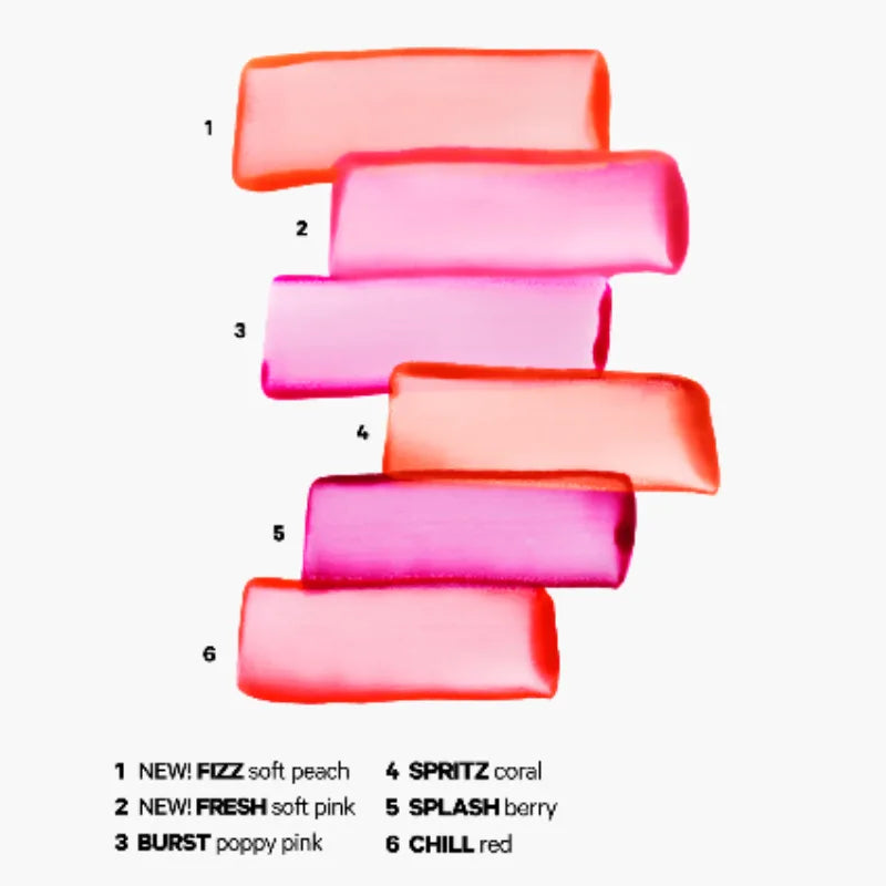 Cooling water jelly tint shade swatches in six glossy gel bars