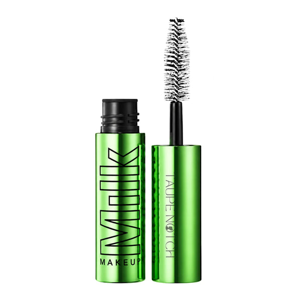 Milk Makeup KUSH mascara with green tube and black cap, wand applicator shown