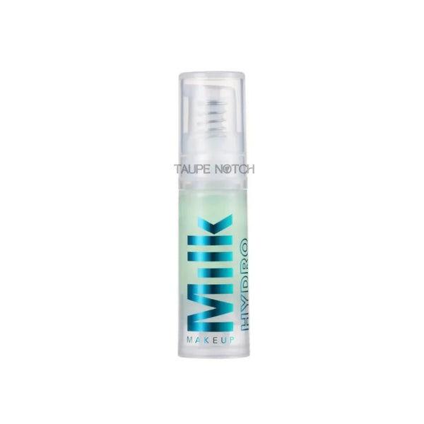 Hydrating makeup primer bottle, clear container with mint green liquid and rounded cap