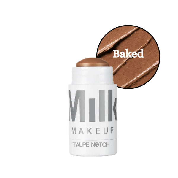 Matte bronzer stick, shade Baked, in white tube with tan cap