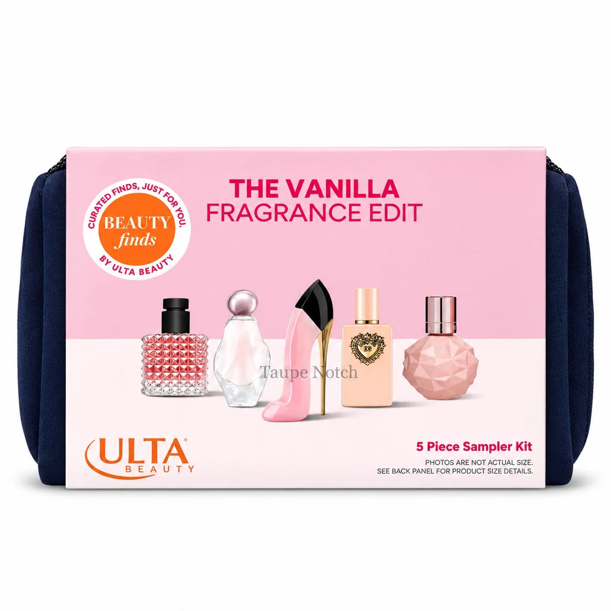 Pink gift box with mini perfume sampler layout and ULTA Beauty logo