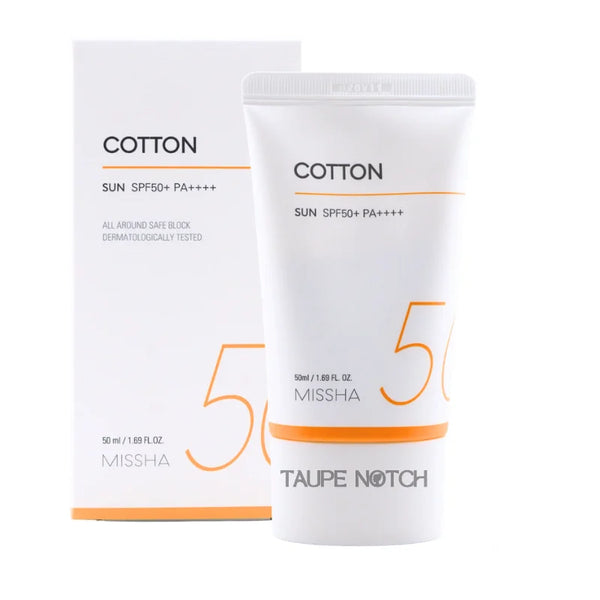 Missha Cotton Sun SPF50+ sunscreen tube, 50 ml, white with orange cap
